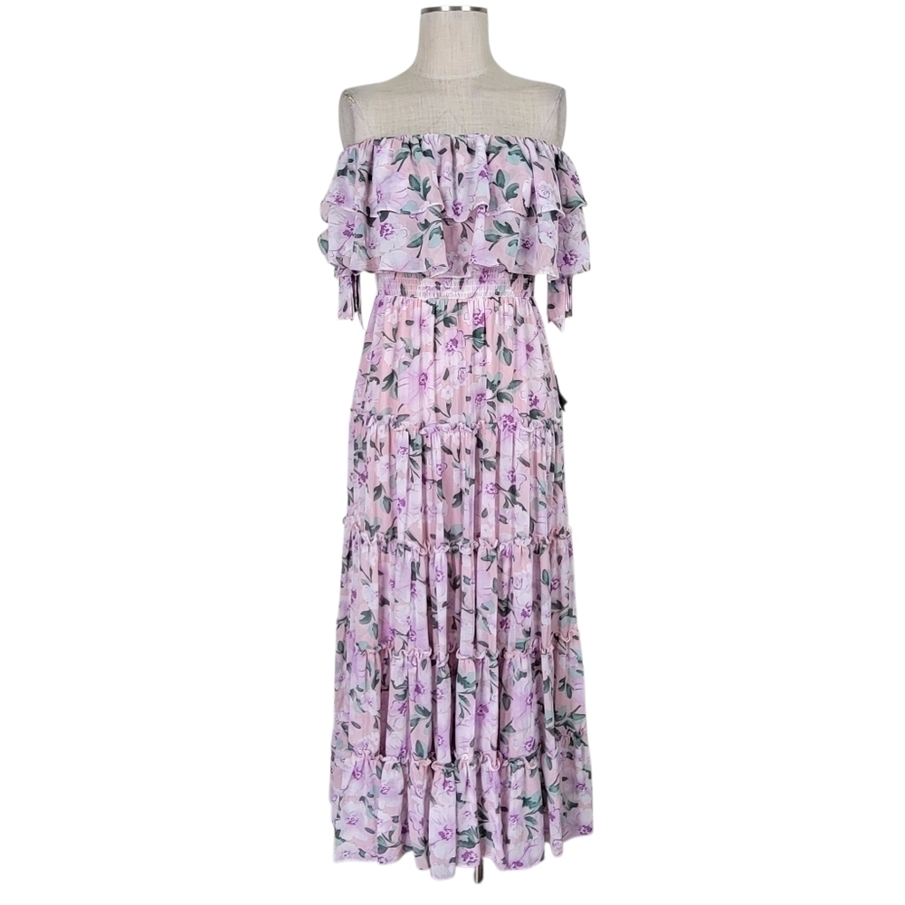 Lulus Chance For Us Maxi Dress Sz L Pink Floral Chiffon Off Shoulder Ruffles New - Picture 4 of 13
